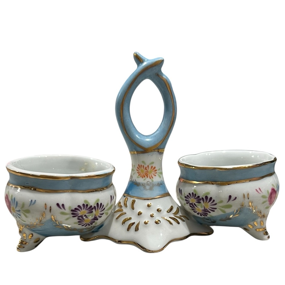 Limoges Porcelain Double Salt Cellar with Handle in Blue, White, Gold